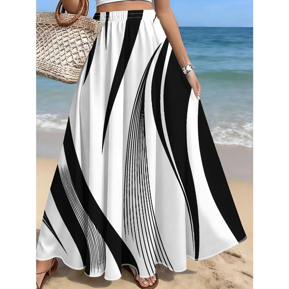 Blue and White Printed Floral Skirt, Summer Casual Vacation Style