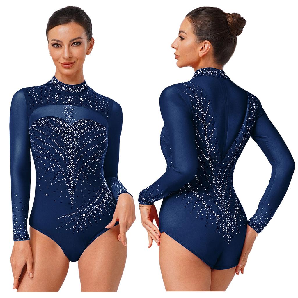 Damen Eiskunstlauf Turnanzug Jumpsuit Langarm Strass Gymnastik Künstlerisch Ballett Jersey Body Wettkampf Tanzbekleidung