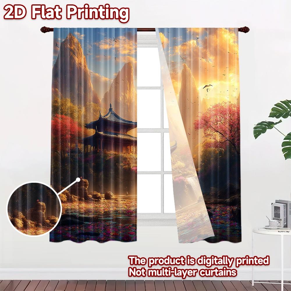 2D flat printing 2pcs Window Curtains Asian Landscape Temple Waterfall Birds Digital Printed Polyester Drapes Party Decorations