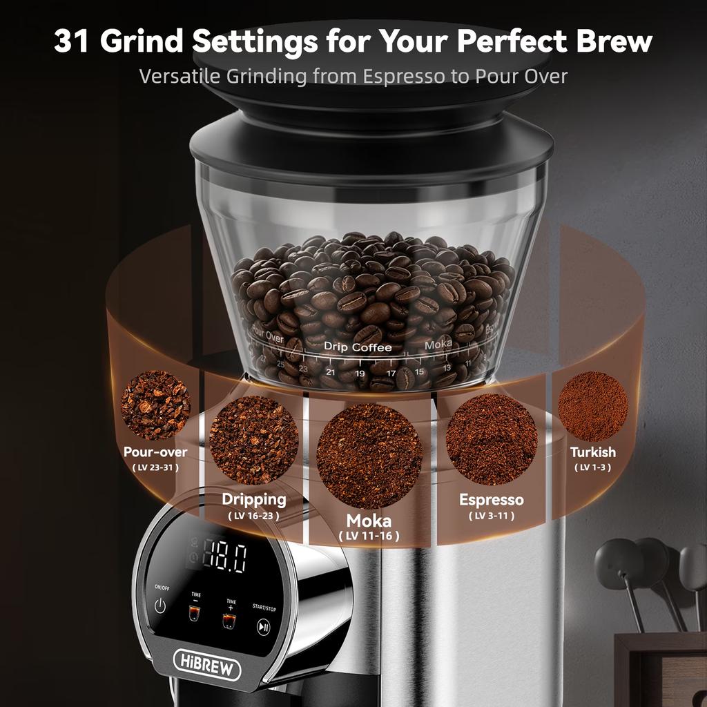 HIBREW G3plus Coffee Grinder, 31-Level Conical Burr Grinder, Titanium-Coated Steel Burr, Plasma Anti-Static System, 1-60s Touchscreen Timer, 210g