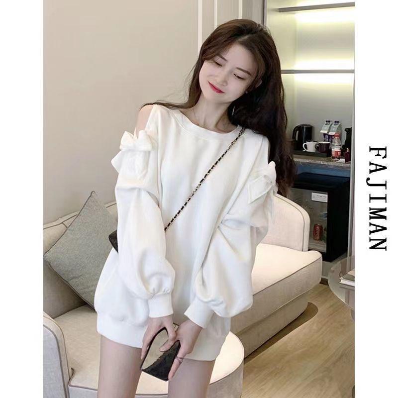 Plus Size Off-Shoulder Gray Sweatshirt for Women - Long Sleeve, Thin, Mid-Length, Spring/Autumn.