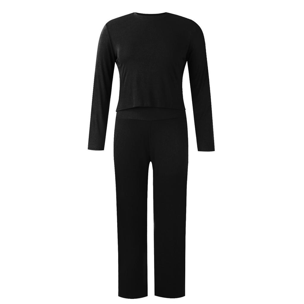 Damen-Set, modisch, einfarbig, Rundhalsausschnitt, Langarm, Oberteil, weites Bein, Hose