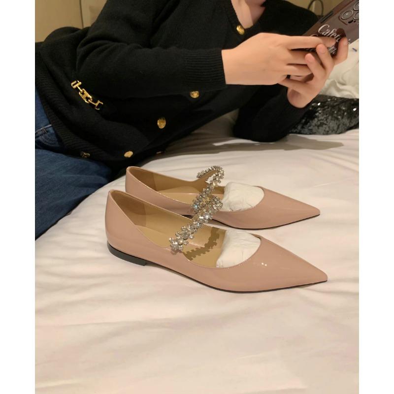 Rhinestone Word with Mary Jane Single Shoes Women's Soft Sole Pointed Head Shallow Mouth Laden Shoes Flats