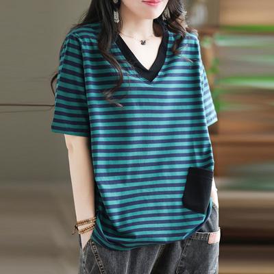 DIMANAF 2022 Plus Size Women T-Shirt Striped Female V-Neck Cotton Loose Short Sleeve Tops&Tees Green Blue