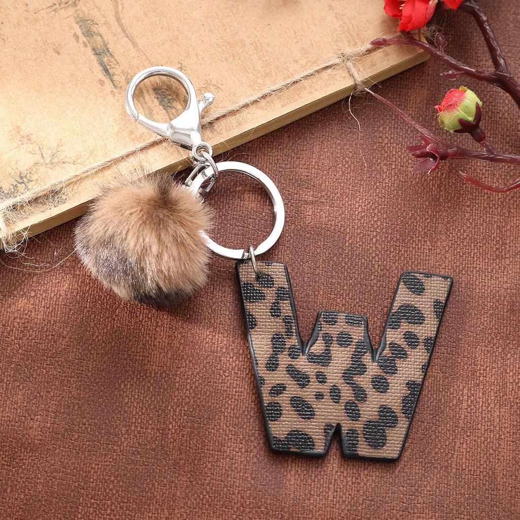 Western Cowboy Leopard Print Leather Keychain with Acrylic Letter and Plush Ball Accessories