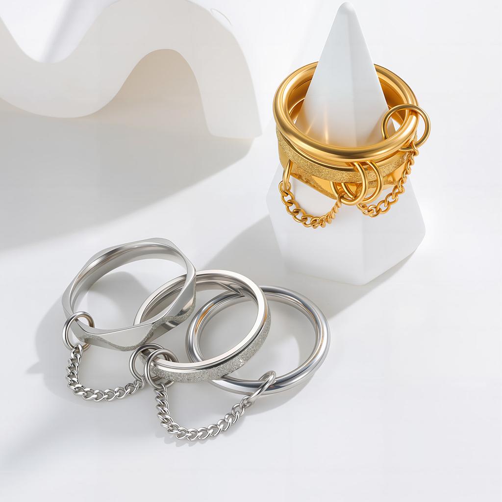 Σετ Δαχτυλιδιών με Αλυσίδα από Ανοξείδωτο Ατσάλι Για Γυναίκες Άνδρες Μινιμαλιστικό 3 τεμ. Χρυσό Χρώμα Παγωμένο Δαχτυλίδι Spinelli Kilcollin Χειροποίητο Ζιργκόν