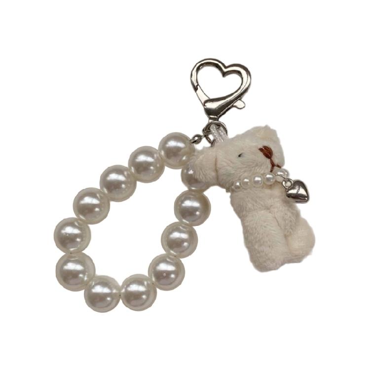 Soft Bear Keychain with Heart and Imitation Pearls Detailing Plush Bag Pendant Accessory Gift for Women and Ladies