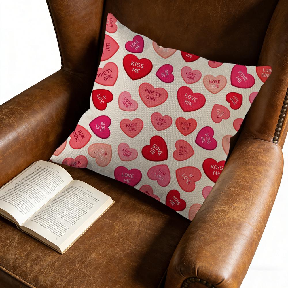 Cushion Cover Pink Heart Candy Love Messages Pillowcase For Living Room Bedroom Decor