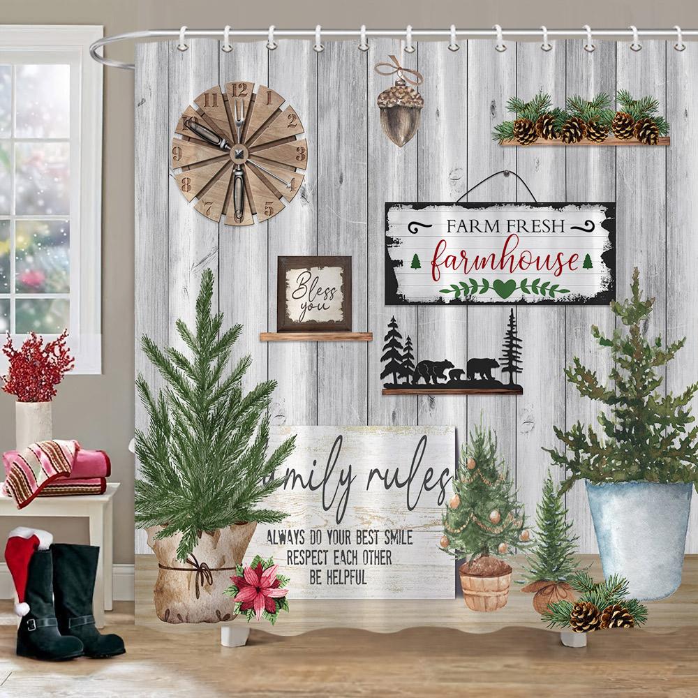 Winter Christmas Shower Curtain Red Truck Snowman Reindeer Snowy Farmhouse Bath Curtain Washable Polyester Fabric Bathroom Decor