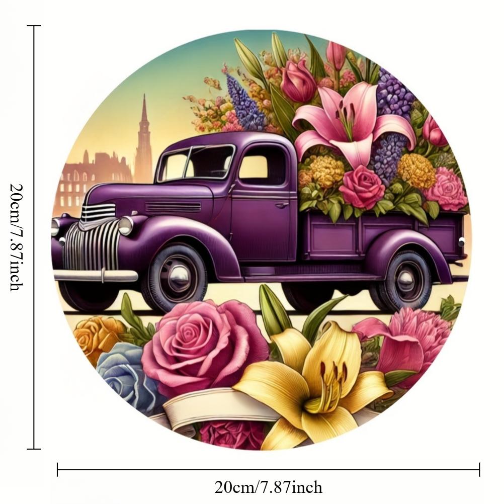 

2d Flat 20*20cm Purple Vintage Truck Filled with Flowers, Circular Wooden Sign, Garden, Kitchen, Office, Bedroom Decoration, Wooden Material 20*20cm