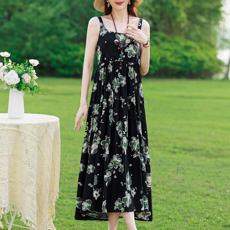 Elegant Sling Dress for Women Plus Size Casual Summer Long Dress Vintage Middle-aged Women's Clothing