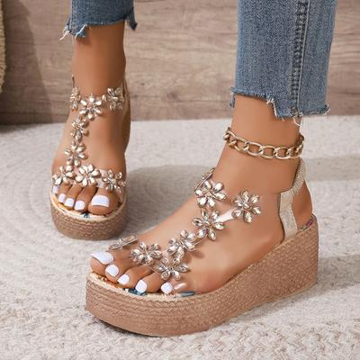 Fashion Women's Fashion Platform Sandals Summer New Open-toe Round Head Rhinester Flower One-line Buckle Wedges