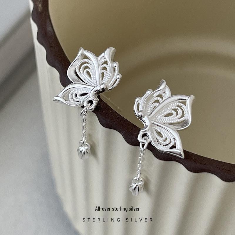 Cui Yan S925 Sterling Silver Korean Sweet Hollow Butterfly Tassel Earrings for Women - High-End Niche Style