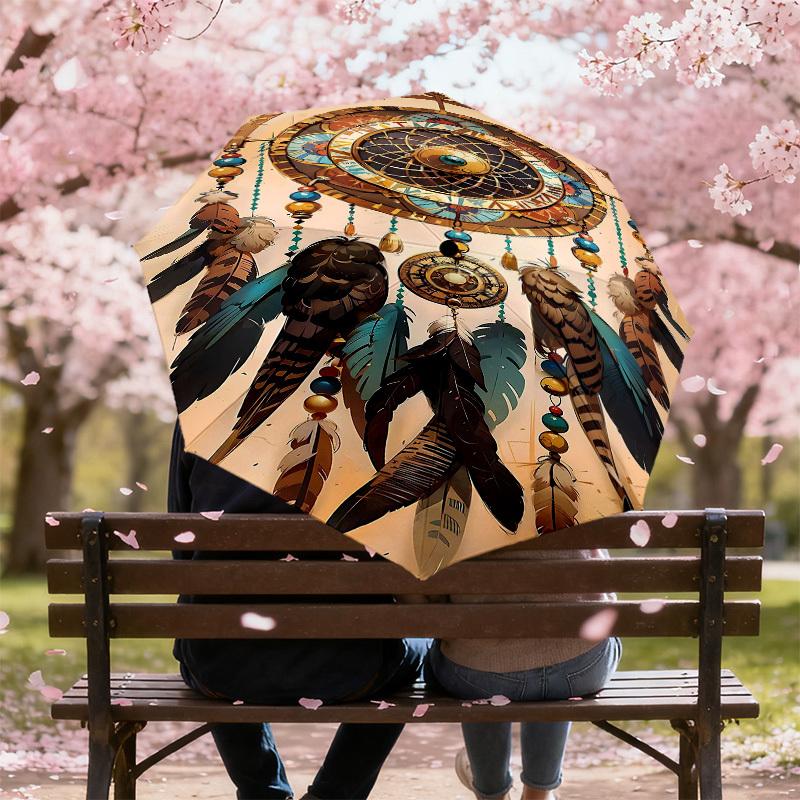 1PC Dreamcatcher Feathers Umbrella-8-Rib Reinforced Portable Folding Travel Suitable for All Seasons Outdoor Daily Use-H0344