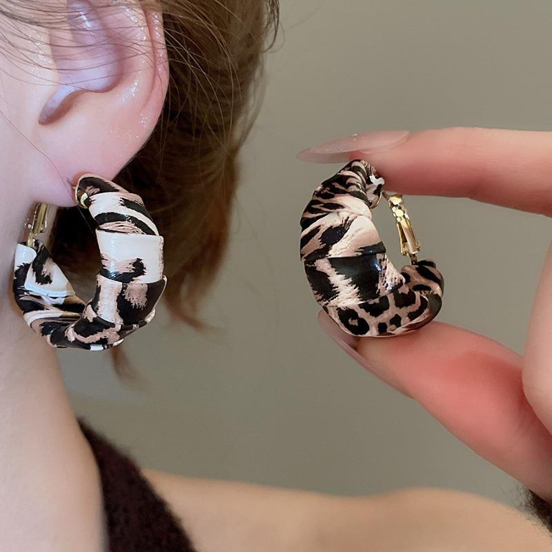 Orecchini a bottone geometrici rotondi con stampa leopardata in resina e pelle con ago d'argento moda autunno e inverno orecchini di nicchia di alta gamma da donna