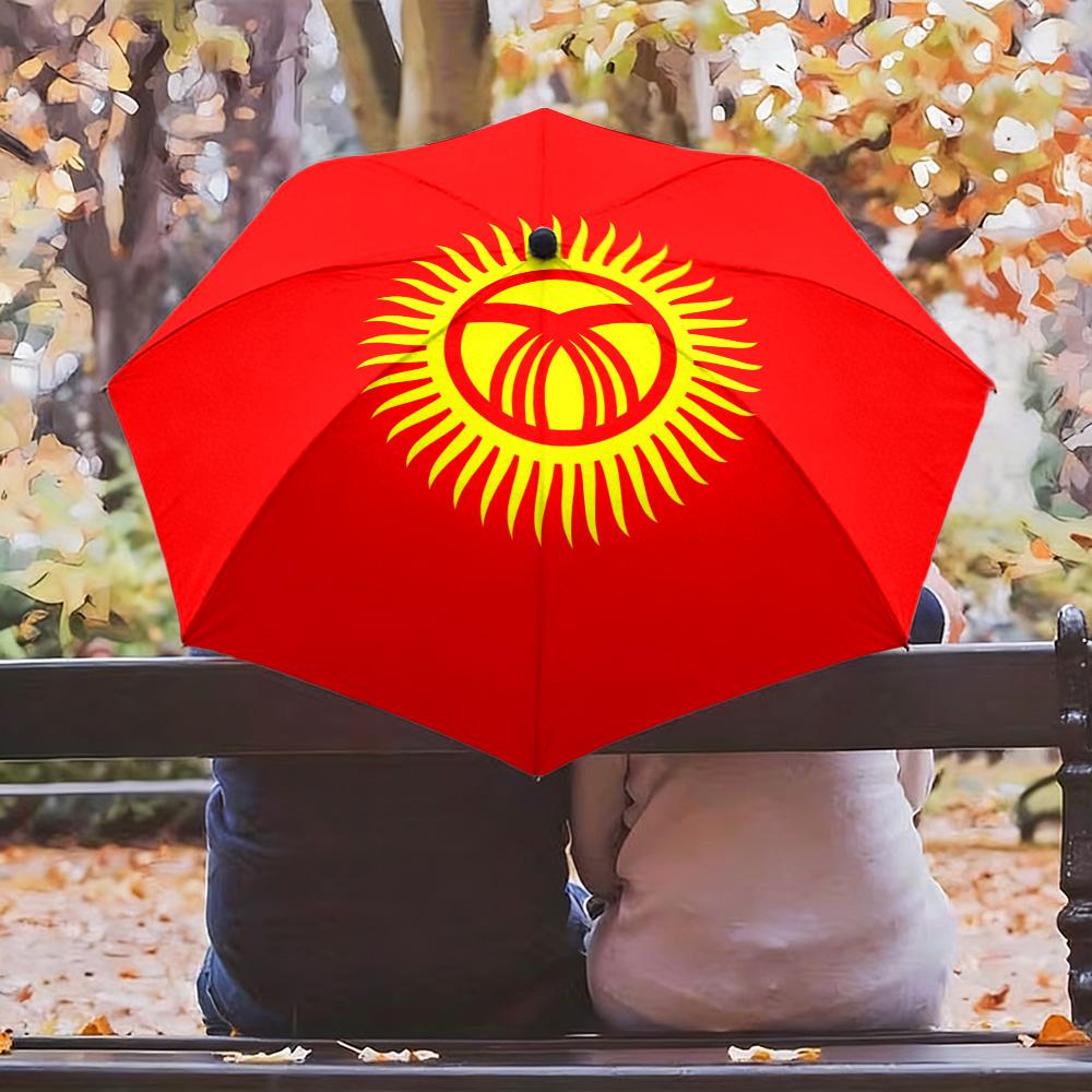 

Kyrgyzstan National Flag Red Background Yellow Sun Emblem Print Auto Folding Umbrella Waterproof Windproof Compact Travel Umbrel Iron&8K