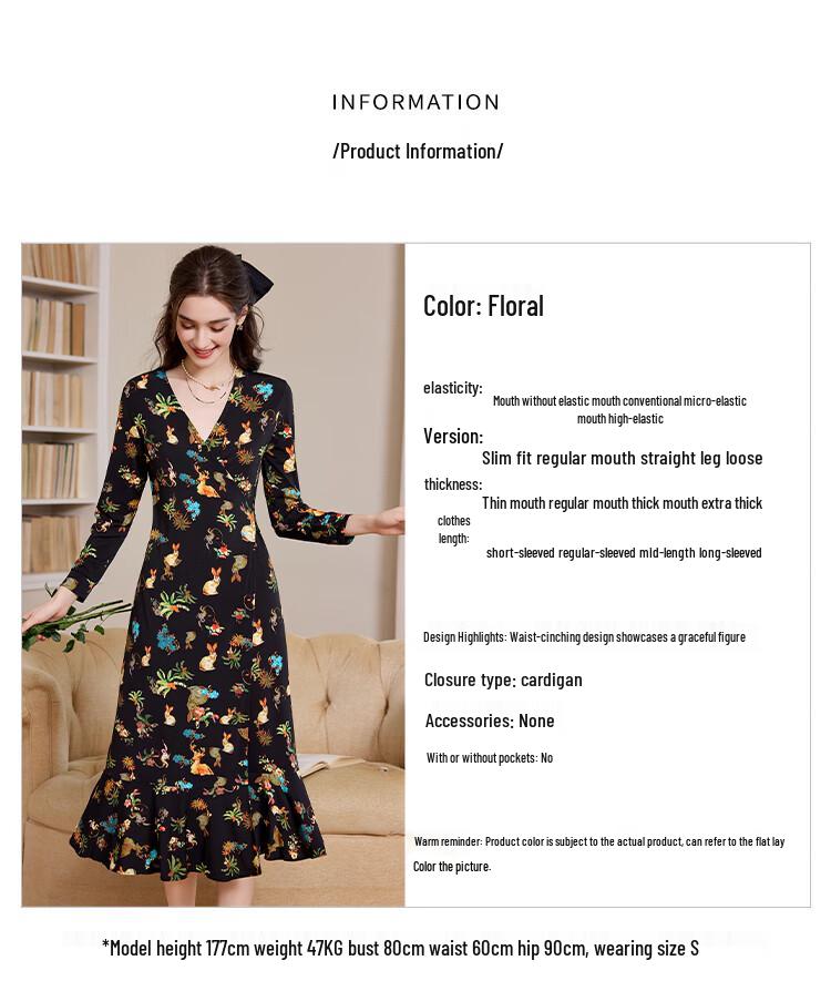 Bailuyu 2025 Autumn V-Neck Floral Print Tie-Waist Midi Tea Dress
