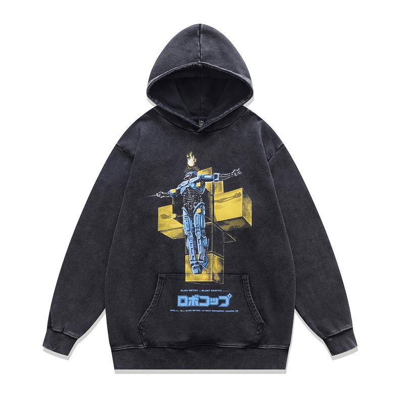 Moletom com Capuz Americano Retrô Estampa Direta em Tinta Branca Oversize Lavado Velho para Homens e Mulheres