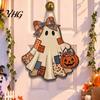 Pumpkin Theme Ornaments Halloween Ghost Welcome Door Hanger, Cute Wooden Sign with Witch Hat & Hanger Elements, Fall Indoor Outdoor Wall Decor