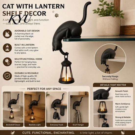 Cat Lantern Ornament 3D Printed Hanging with Shelf Decor, Cute Peeking Table Thoughtful Gifts for Friends Edge Statue, Hook Key Holder Bookshelf Home