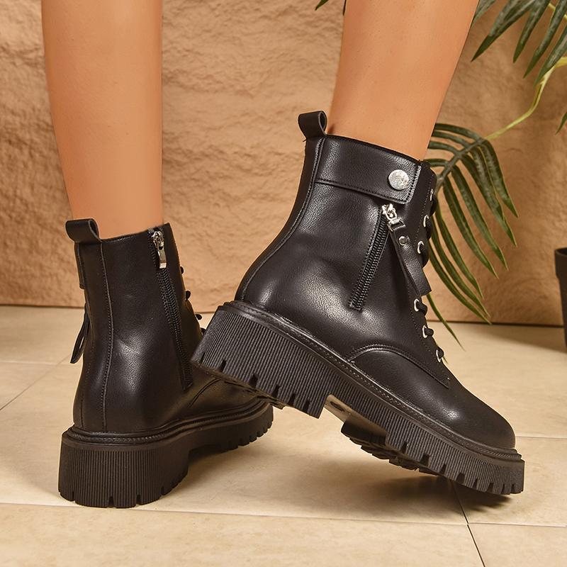Black Pu Leather Motorcycle Boots Women  Fashion Lace Up Platform Ankle Boots Woman Plus Size 42 Zipper Gothic Shoes Female