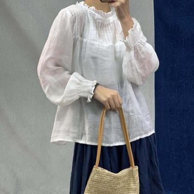 Vintage Thin Ruffles Loose Womens Blouses Summer All Match Sunscreen Button Female Shirts