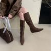 2025 new square head side zipper tall tube suede thin belt buckle knee knight women's boots