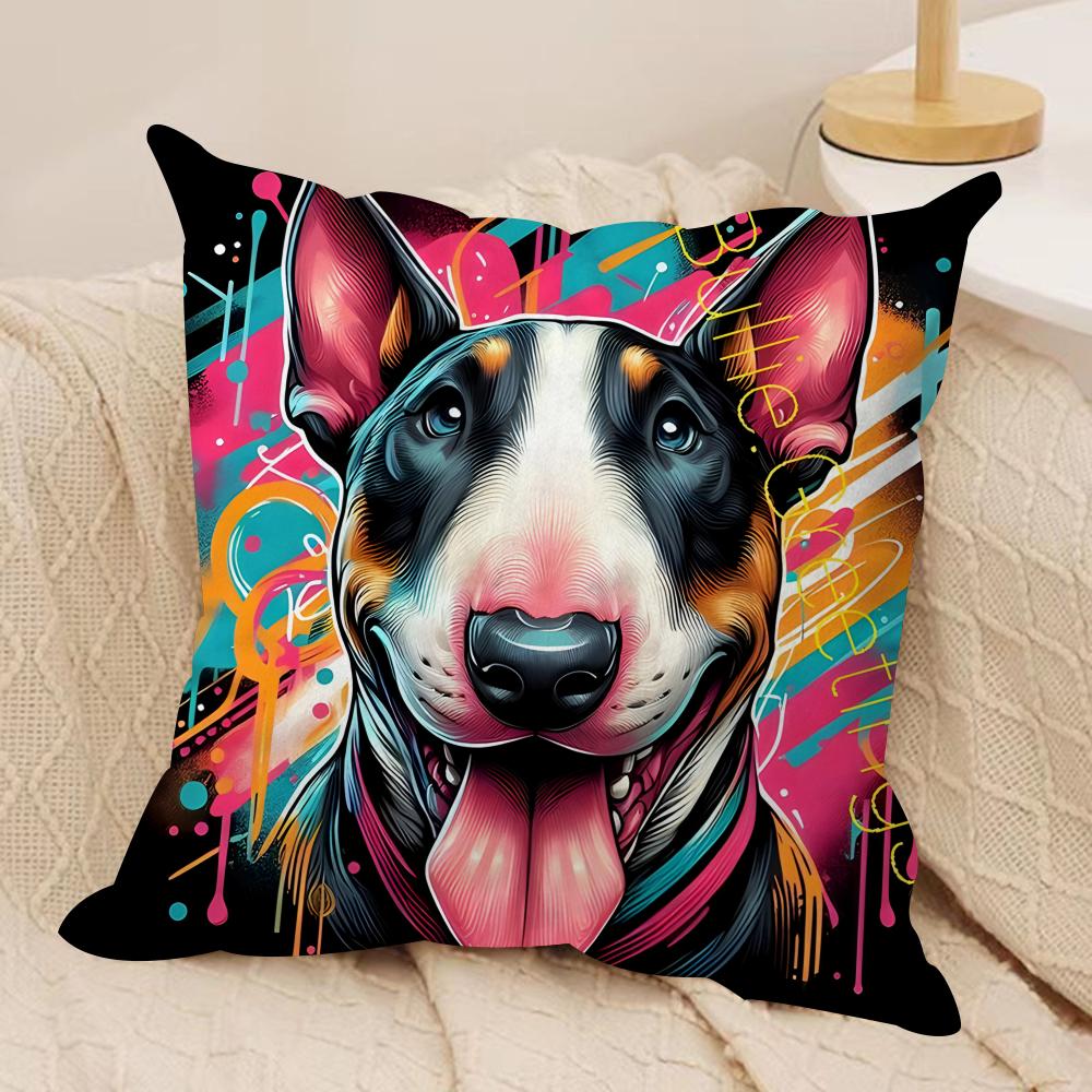 Cartoon Bull Terrier Series Cushion Cover Silky Short Plush Invisible Zipper Dustproof Sofa Pillow Case For Home Decor