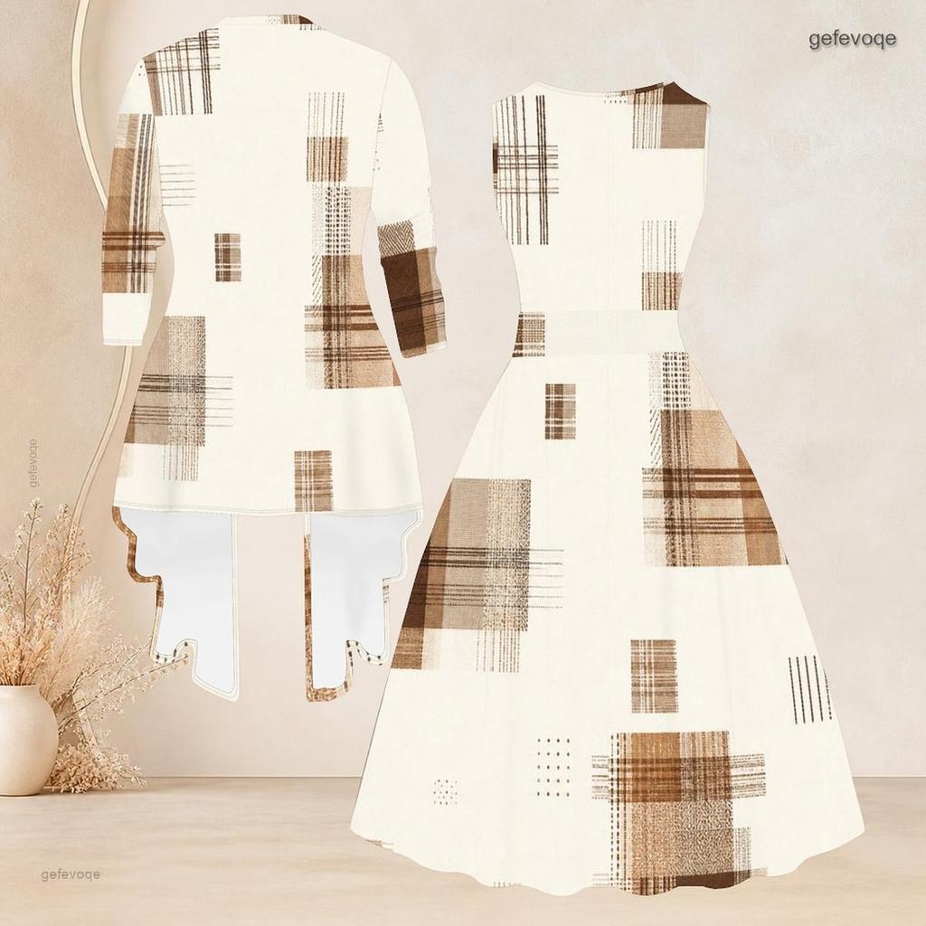 Women Plus Size Two Piece Set Geometric Printed 3 4 Sleeve Draped Cardigan Sleeveless Round Neck Tie Waist Flared Dress