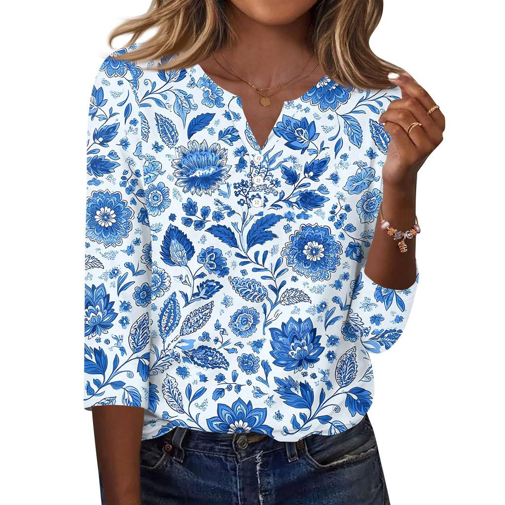 Women's T Shirt Print Button 3/4 Sleeve Daily Weekend Fashion Basic V- Neck Regular Top