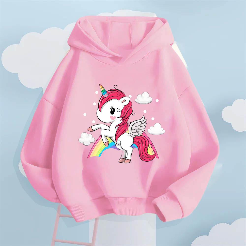 Creative Rainbow Horse Pattern Children's Sweatshirt for Boys and Girls Youthful Style Casual Plush Hooded Sweatshirt