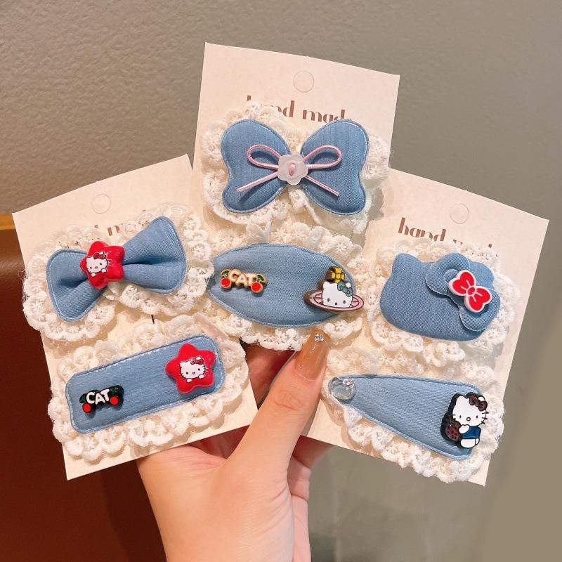 2Pcs Cartoon Sanrio Hello Kitty Hair Clip Cute Sweet Girls Headdress Set Denim Blue Bow Forehead Hairpin Kawaii Children Gifts