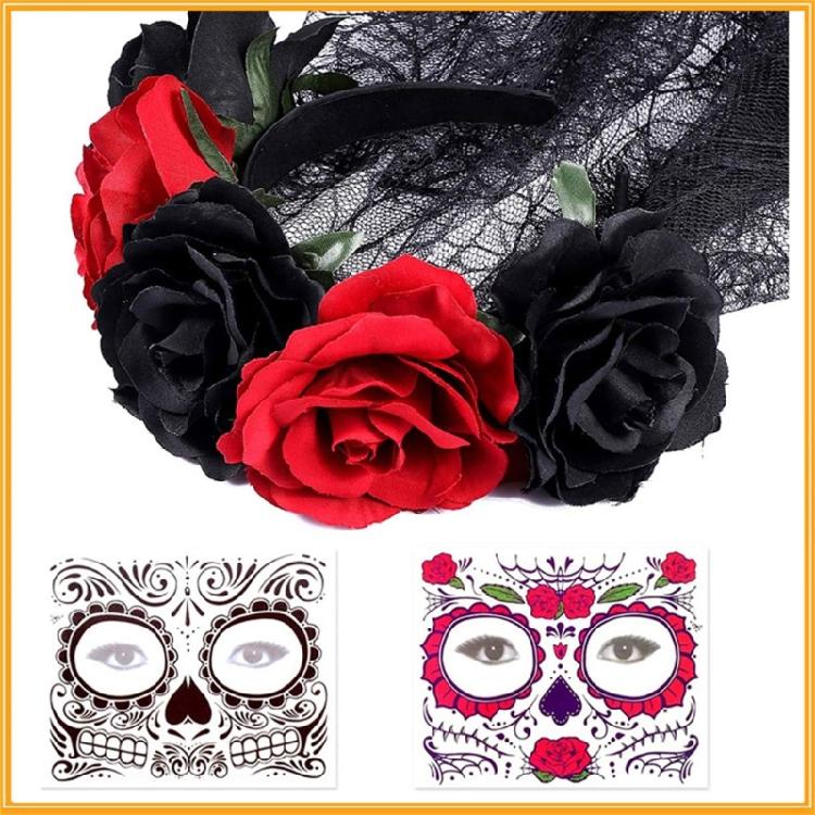 3 Stück Día de los Muertos Kostüm Zuckerschädel Kostüm Blumen Stirnbänder Rosen Temporäre Tätowierte Gesicht Aufkleber für Frauen