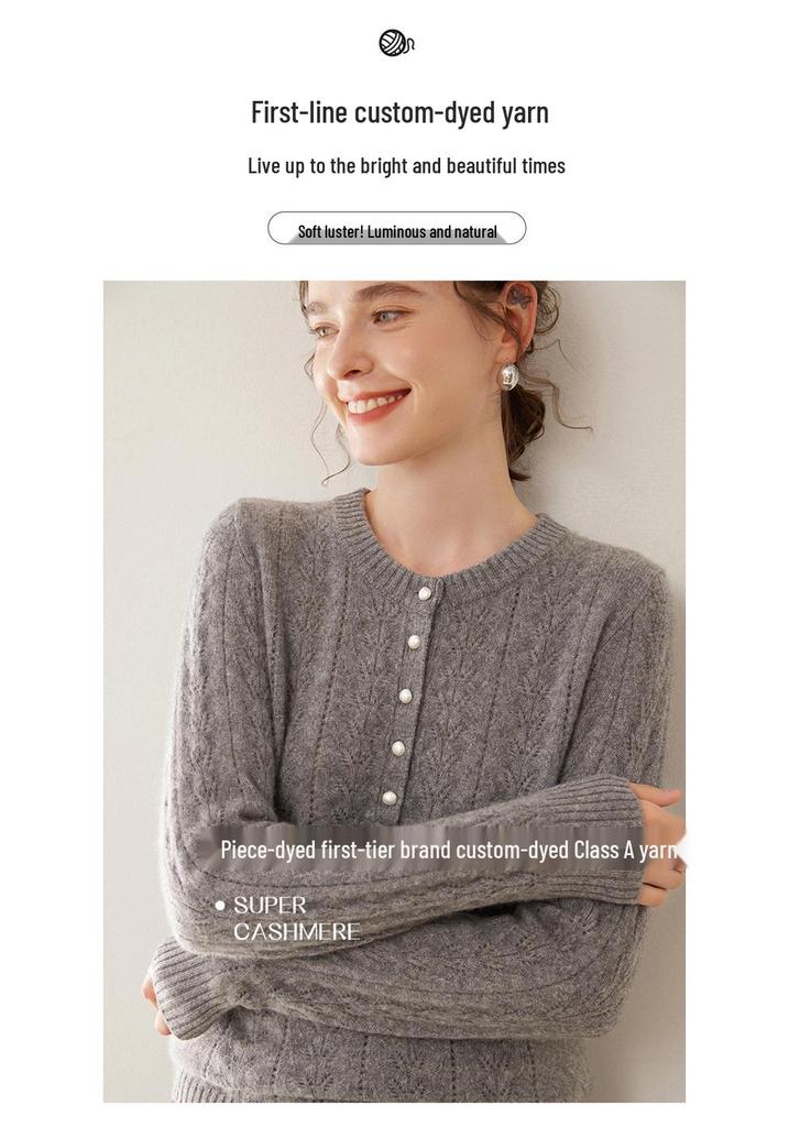 Women's Pure Cashmere Thickened Hollow Round Neck Sweater – Long Sleeve, Warm Knitwear for Autumn and Winter