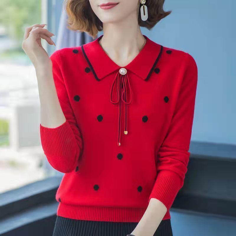 Elegant Mom Autumn Knit Sweater Middle Age Women Turn Down Collar Pullover Versatile Base Layer Top