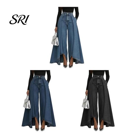 Simple Design Women Trousers Pants High Waist Buttons Zipper Closure Denim with Everyday Pockets Irregular Large Hem Wide Leg Solid Color Casual Loose