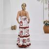VEZFAA Women's Fashion Summer Spring Colour Block Print Sleeveless Suspenders High Waist Casual Dresses