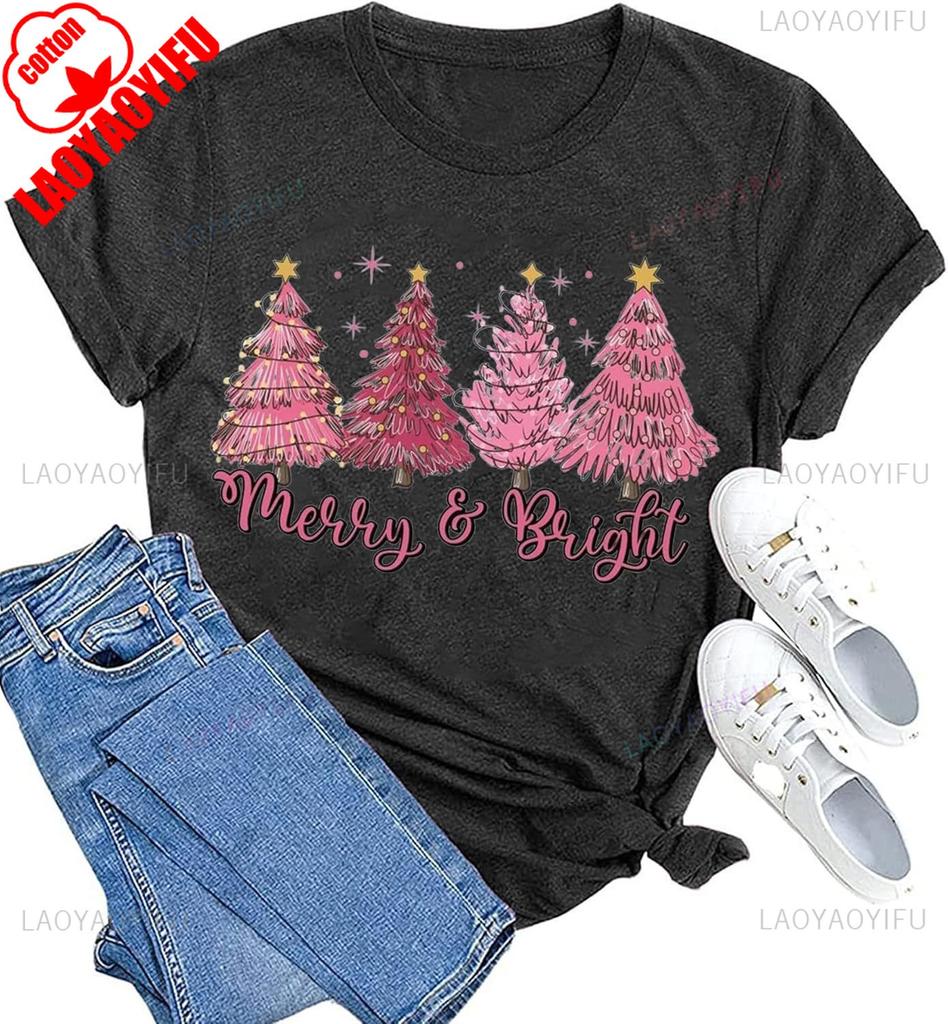 New Year Xmas Gift Merry Christmas Cotton Shirts for Women Merry and Bright Tree Graphic Holiday Printed TShirt Tops Unisex Tee
