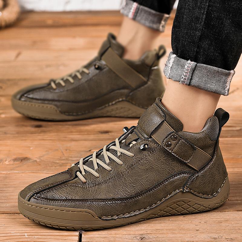 Autumn and winter new leather boots men's casual shoes fleece warm snow boots men's high-top Martin boots hand-sewn tooling shoes