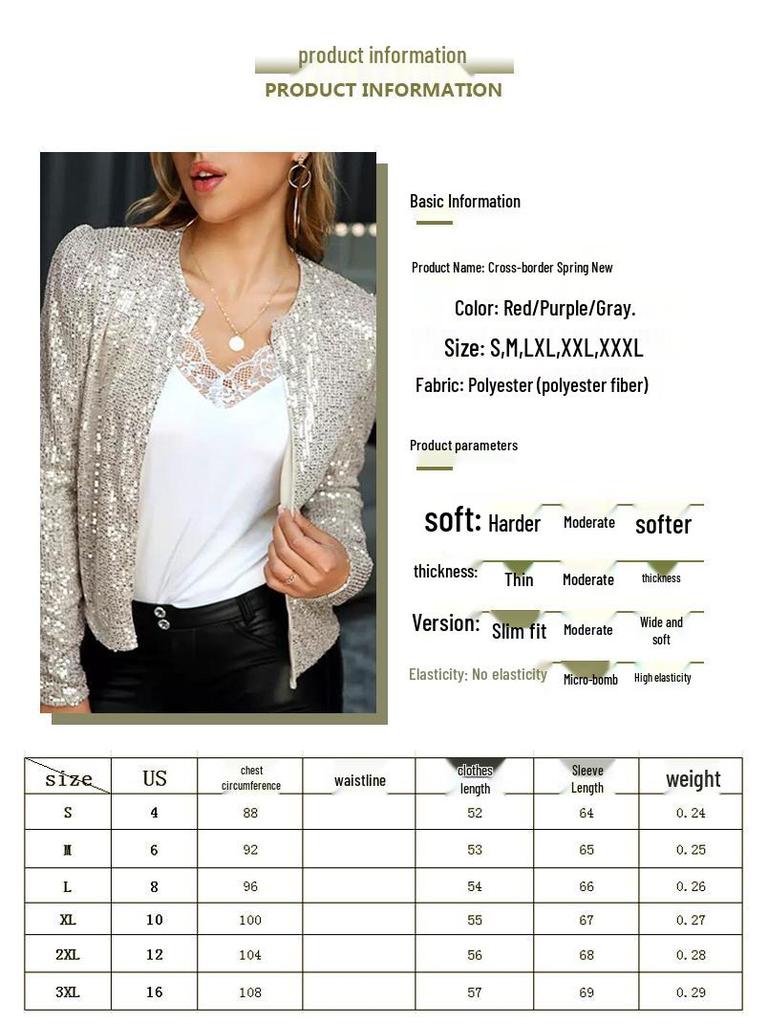 Europejska i Amerykańska Damska Wiosenna Kurtka Colorblock z Cekinami ze Stójką - Krótka, Casualowa, Wszechstronna Moda.