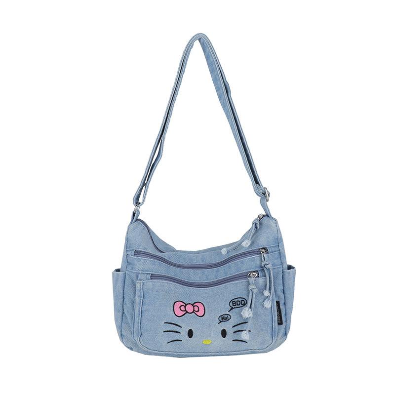 Kawaii KT Cat Denim Shoulder Bag for Girls, Cute Casual Single Strap Crossbody Purse, Trendy Multi Pocket Messenger Bag