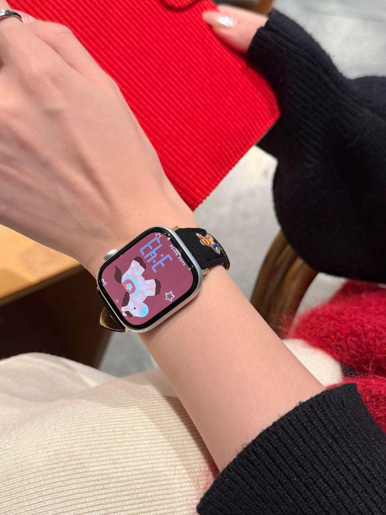 New Year Small Horse Embroidery Velvet Leather Strap for Apple Watch Series 11 10/9/8 Ultra SE