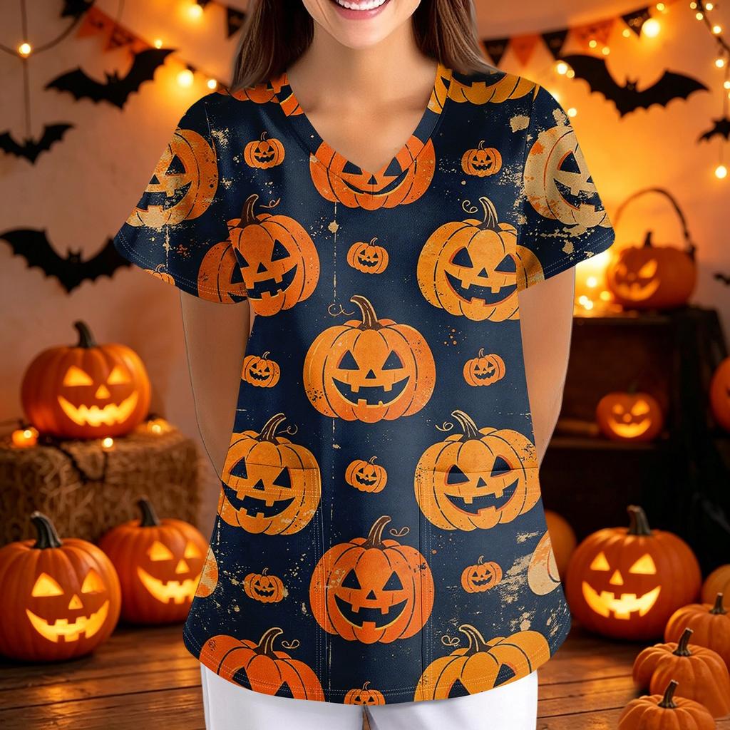 Women Halloween Printed V Neck Loose Fit Short Sleeve Scrub Top with Pockets Soft Fabric Comfortable Shirt