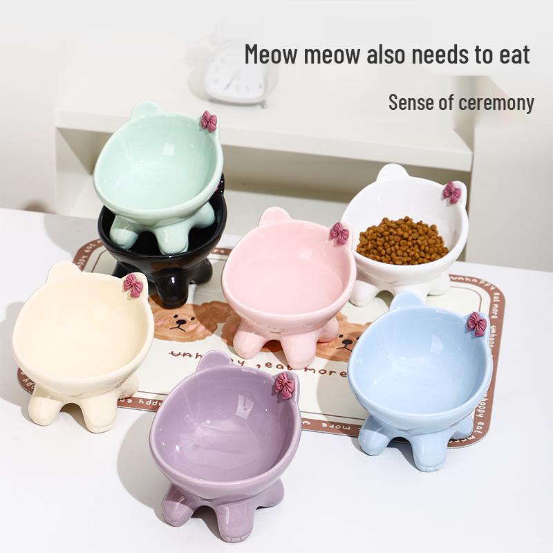 Elevated Non-slip Ceramic Bowl for Cats and Dogs - Prevents Spills, Protects Necks, Cute Design