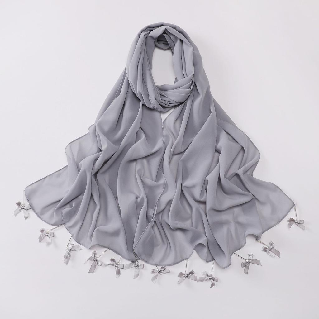 New Chiffon Hijab Veil Scarf Hand-Sewn Glass Tube Bow Long Scarf Gauze Horse Muslim Women Hijab Islam Turban Headscarves Ladies