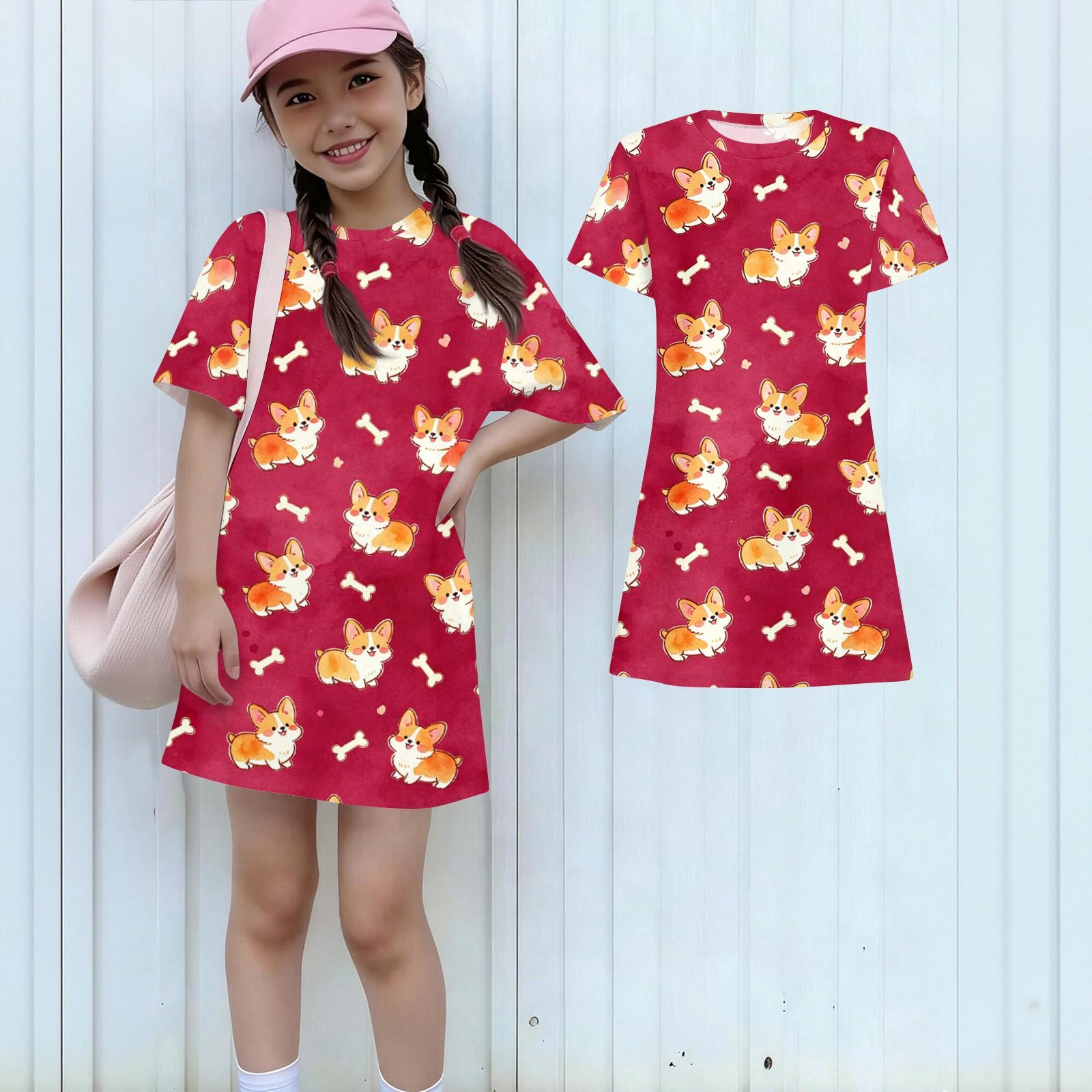 

Girls Loose Fit Short Sleeve Dress Kids Round Neck Casual Lightweight Dress with Animal Print Suitable for Daily Wear and Outdoor Activities 110 красный