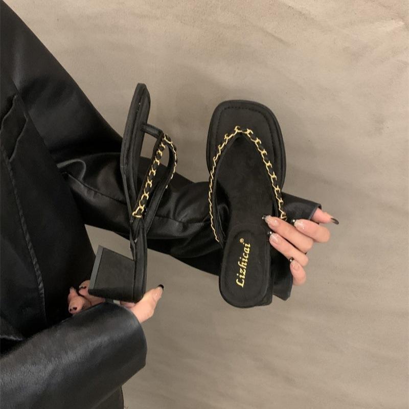Height-increasing Version~ 2025 Summer New Thick-heeled Flip-flops, Women's Shoes Retro Metal Chain Toe High-heeled Sandals