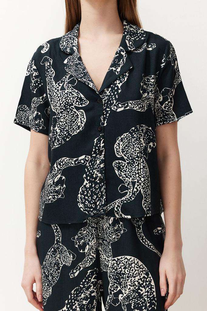 Women's Fashion Anthracite Animal Patterned Viscose Woven Pajama Set