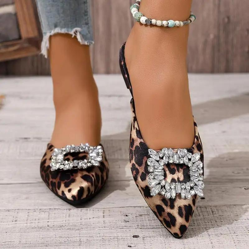 Fashion Sexy Leopard Pointed Toe Slippers Women 2025 Summer Flat Heels big Crystal Buckle Shoes Women Fashion Mules Shoes