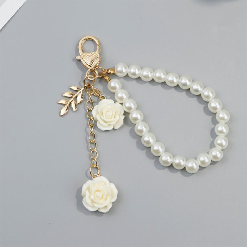 Retro Camellia Flower Pendant Pearl Keychains For Women Backpack Decor Keyring Mobile Phone Beaded Key Chain Diy Jewelry